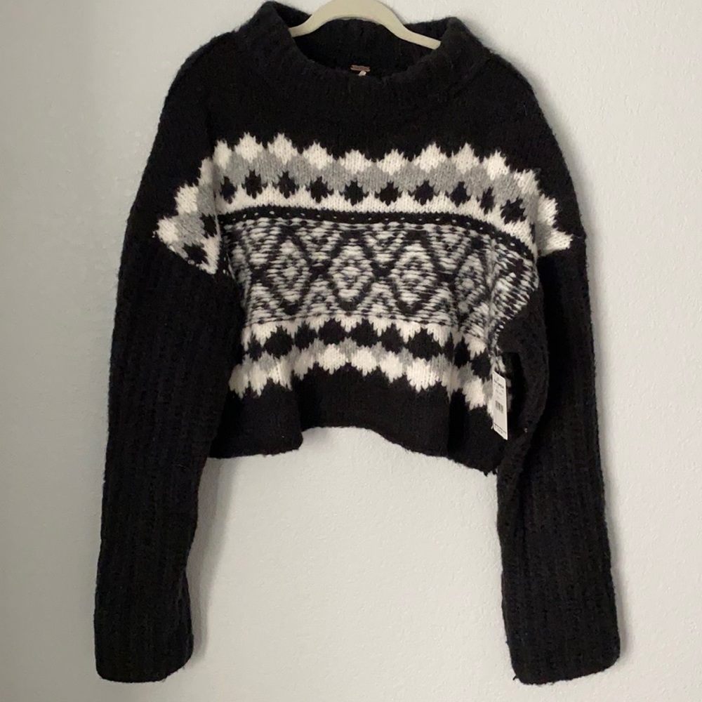 NWT Free People Knit Crop Sweater, Size Large, Color: Onyx Combo